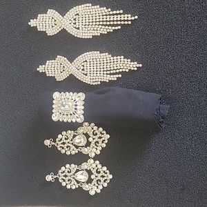 Combo-Silver Chandelier and Silver Dangle Rhinestone Earrings, Ring